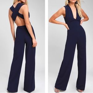 Lulu's Thinking Out Loud Navy Backless Jumpsuit